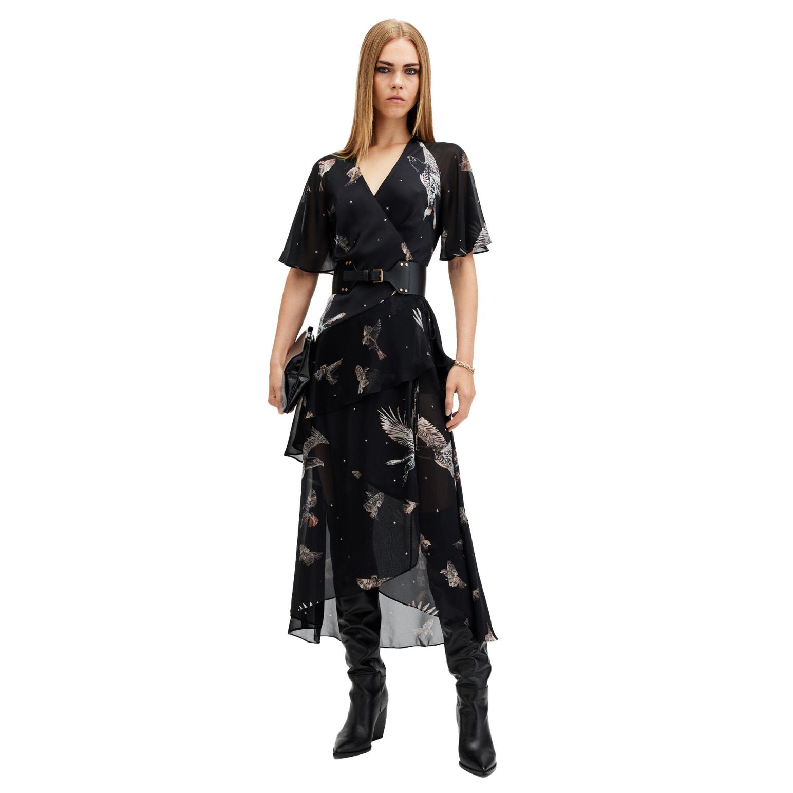 AllSaints Alana Printed Wrap Over Midi Dress